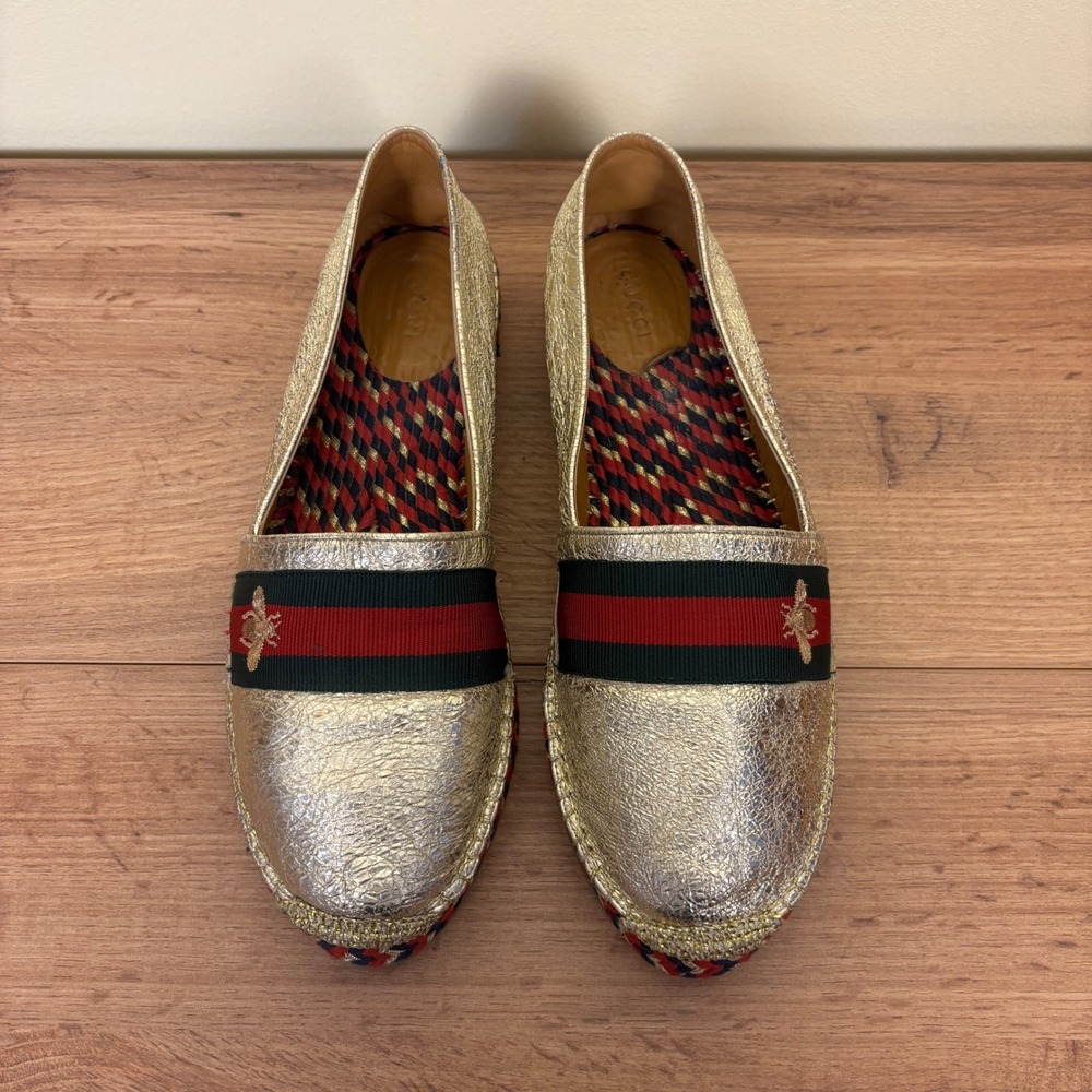 GUCCI Crinkled Leather Web Pilar Bee Espadrille Flat Gold Women Size 40 Slip On - Picture 4 of 14